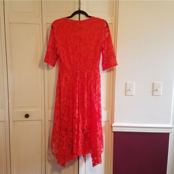 Just Taylor Red Valentine Lace Midi 1/2 Sleeve Dress Flare Handkerchief Hem - Picture 6 of 10